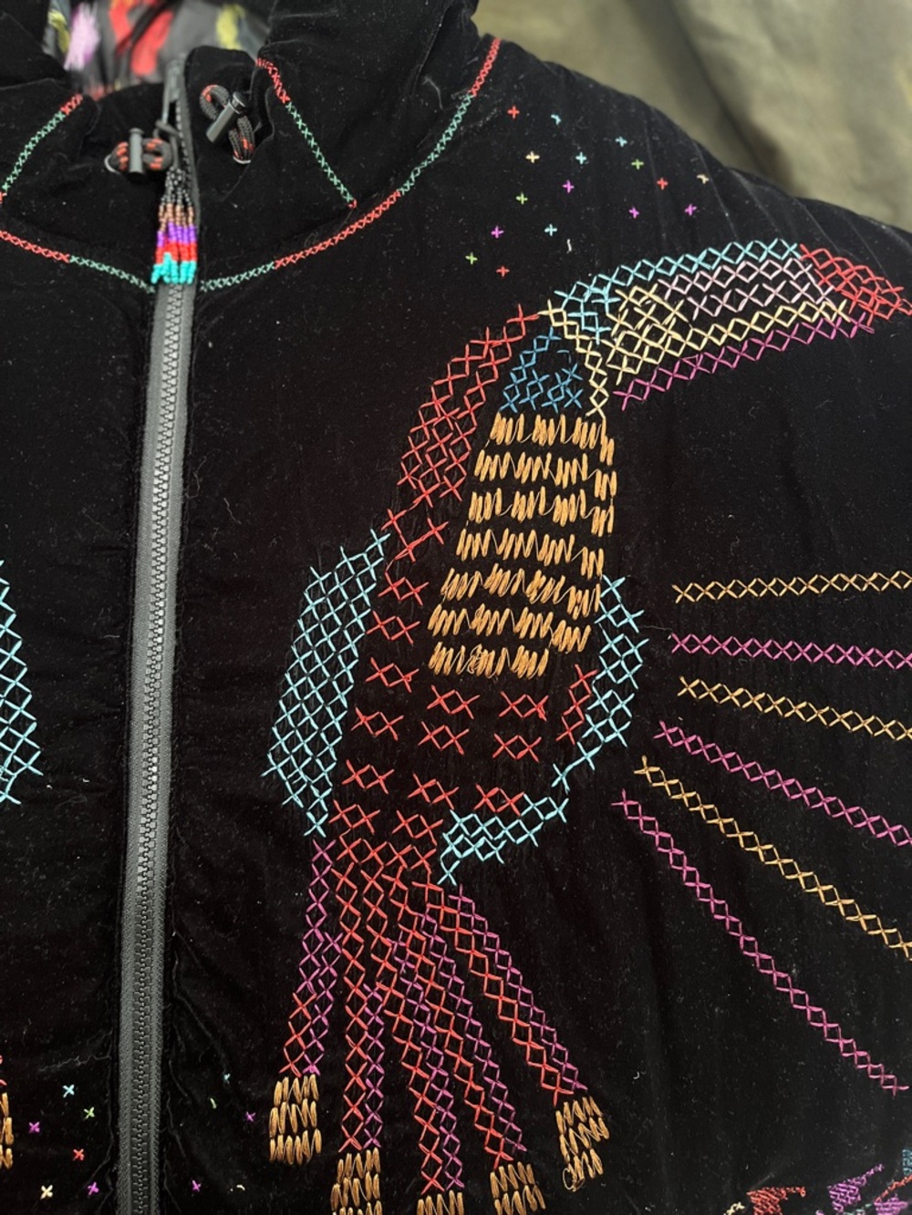 FARM Rio Black Velvet Puffer Jacket with Multicolor Leopard Lining - Picture 3 of 6